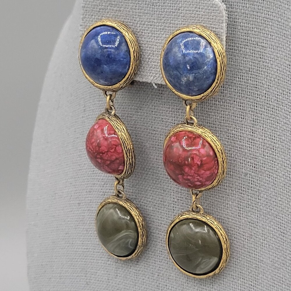 Long Dangle Drop Clip On Earrings Dyed Howlite Cabochons Bronze Color Vintage